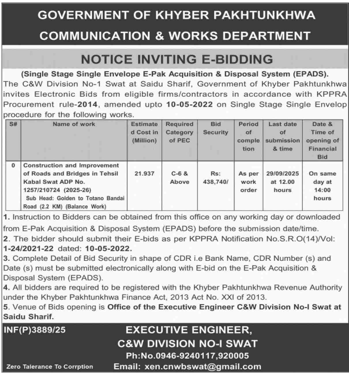 Communication & Works Department Swat Tender Notice